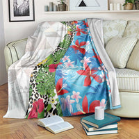 Hawaiian Tropical Flowers and Leaves Blanket on Leopard Pattern Half Style White-Blue Version - Polynesian Pride