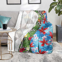 Hawaiian Tropical Flowers and Leaves Blanket on Leopard Pattern Half Style White-Blue Version - Polynesian Pride