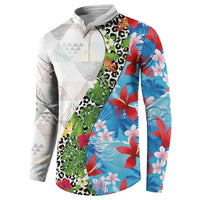 Hawaiian Tropical Flowers and Leaves Button Sweatshirt on Leopard Pattern Half Style White-Blue Version - Polynesian Pride