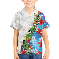 Hawaiian Tropical Flowers and Leaves Family Matching Short Sleeve Bodycon Dress and Hawaiian Shirt on Leopard Pattern Half Style White-Blue Version LT03 Son's Shirt White - Polynesian Pride