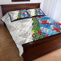 Hawaiian Tropical Flowers and Leaves Quilt Bed Set on Leopard Pattern Half Style White-Blue Version - Polynesian Pride