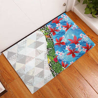 Hawaiian Tropical Flowers and Leaves Rubber Doormat on Leopard Pattern Half Style White-Blue Version - Polynesian Pride