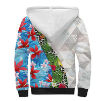 Hawaiian Tropical Flowers and Leaves Sherpa Hoodie on Leopard Pattern Half Style White-Blue Version - Polynesian Pride