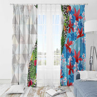 Hawaiian Tropical Flowers and Leaves Window Curtain on Leopard Pattern Half Style White-Blue Version - Polynesian Pride