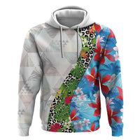 Hawaiian Tropical Flowers and Leaves Zip Hoodie on Leopard Pattern Half Style White-Blue Version - Polynesian Pride