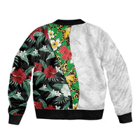 Hawaiian Tropical Flowers and Leaves Bomber Jacket on Leopard Pattern Half Style White-Black Version - Polynesian Pride