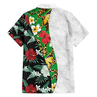 Hawaiian Tropical Flowers and Leaves Family Matching Long Sleeve Bodycon Dress and Hawaiian Shirt on Leopard Pattern Half Style White-Black Version LT03 - Polynesian Pride