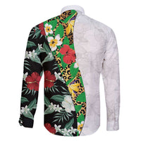 Hawaiian Tropical Flowers and Leaves Family Matching Long Sleeve Bodycon Dress and Hawaiian Shirt on Leopard Pattern Half Style White-Black Version LT03 - Polynesian Pride