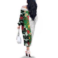 Hawaiian Tropical Flowers and Leaves Family Matching Off The Shoulder Long Sleeve Dress and Hawaiian Shirt on Leopard Pattern Half Style White-Black Version - Polynesian Pride