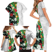 Hawaiian Tropical Flowers and Leaves Family Matching Short Sleeve Bodycon Dress and Hawaiian Shirt on Leopard Pattern Half Style White-Black Version LT03 - Polynesian Pride