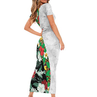Hawaiian Tropical Flowers and Leaves Family Matching Short Sleeve Bodycon Dress and Hawaiian Shirt on Leopard Pattern Half Style White-Black Version LT03 - Polynesian Pride