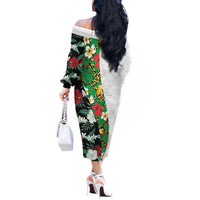 Hawaiian Tropical Flowers and Leaves Off The Shoulder Long Sleeve Dress on Leopard Pattern Half Style White-Black Version - Polynesian Pride