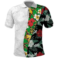 Hawaiian Tropical Flowers and Leaves Polo Shirt on Leopard Pattern Half Style White-Black Version - Polynesian Pride