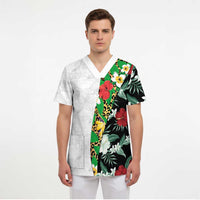 Hawaiian Tropical Flowers and Leaves Scrub Top on Leopard Pattern Half Style White-Black Version LT03 - Polynesian Pride