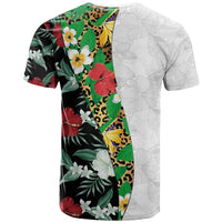 Hawaiian Tropical Flowers and Leaves T Shirt on Leopard Pattern Half Style White-Black Version - Polynesian Pride