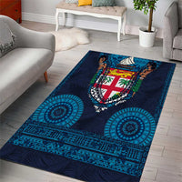 Fiji Coat of Arms Traditional Dashiki Area Rug Tapa Art and Palm Leaves Pattern Dark Navy Color - Polynesian Pride