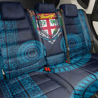 Fiji Coat of Arms Traditional Dashiki Back Car Seat Cover Tapa Art and Palm Leaves Pattern Dark Navy Color - Polynesian Pride