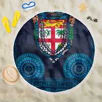 Fiji Coat of Arms Traditional Dashiki Beach Blanket Tapa Art and Palm Leaves Pattern Dark Navy Color - Polynesian Pride