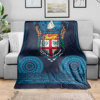 Fiji Coat of Arms Traditional Dashiki Blanket Tapa Art and Palm Leaves Pattern Dark Navy Color - Polynesian Pride