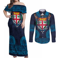 Fiji Coat of Arms Traditional Dashiki Couples Matching Off Shoulder Maxi Dress and Long Sleeve Button Shirt Tapa Art and Palm Leaves Pattern Dark Navy Color - Polynesian Pride