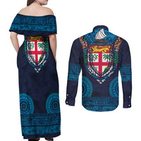 Fiji Coat of Arms Traditional Dashiki Couples Matching Off Shoulder Maxi Dress and Long Sleeve Button Shirt Tapa Art and Palm Leaves Pattern Dark Navy Color - Polynesian Pride