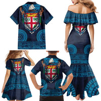 Fiji Coat of Arms Traditional Dashiki Family Matching Mermaid Dress and Hawaiian Shirt Tapa Art and Palm Leaves Pattern Dark Navy Color - Polynesian Pride