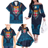 Fiji Coat of Arms Traditional Dashiki Family Matching Off The Shoulder Long Sleeve Dress and Hawaiian Shirt Tapa Art and Palm Leaves Pattern Dark Navy Color - Polynesian Pride