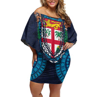 Fiji Coat of Arms Traditional Dashiki Family Matching Off Shoulder Short Dress and Hawaiian Shirt Tapa Art and Palm Leaves Pattern Dark Navy Color - Polynesian Pride