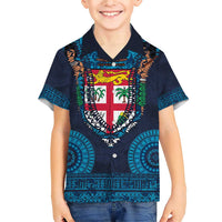 Fiji Coat of Arms Traditional Dashiki Family Matching Short Sleeve Bodycon Dress and Hawaiian Shirt Tapa Art and Palm Leaves Pattern Dark Navy Color - Polynesian Pride