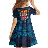 Fiji Coat of Arms Traditional Dashiki Family Matching Summer Maxi Dress and Hawaiian Shirt Tapa Art and Palm Leaves Pattern Dark Navy Color - Polynesian Pride