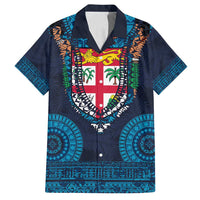 Fiji Coat of Arms Traditional Dashiki Family Matching Summer Maxi Dress and Hawaiian Shirt Tapa Art and Palm Leaves Pattern Dark Navy Color - Polynesian Pride