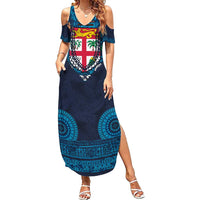 Fiji Coat of Arms Traditional Dashiki Family Matching Summer Maxi Dress and Hawaiian Shirt Tapa Art and Palm Leaves Pattern Dark Navy Color - Polynesian Pride