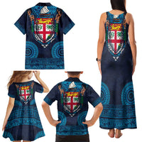 Fiji Coat of Arms Traditional Dashiki Family Matching Tank Maxi Dress and Hawaiian Shirt Tapa Art and Palm Leaves Pattern Dark Navy Color - Polynesian Pride