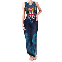 Fiji Coat of Arms Traditional Dashiki Family Matching Tank Maxi Dress and Hawaiian Shirt Tapa Art and Palm Leaves Pattern Dark Navy Color - Polynesian Pride
