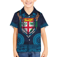 Fiji Coat of Arms Traditional Dashiki Family Matching Tank Maxi Dress and Hawaiian Shirt Tapa Art and Palm Leaves Pattern Dark Navy Color - Polynesian Pride