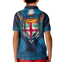 Fiji Coat of Arms Traditional Dashiki Kid Polo Shirt Tapa Art and Palm Leaves Pattern Dark Navy Color - Polynesian Pride