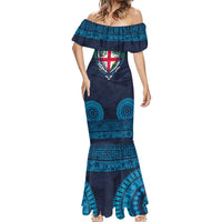 Fiji Coat of Arms Traditional Dashiki Mermaid Dress Tapa Art and Palm Leaves Pattern Dark Navy Color LT03 - Polynesian Pride