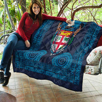 Fiji Coat of Arms Traditional Dashiki Quilt Tapa Art and Palm Leaves Pattern Dark Navy Color - Polynesian Pride