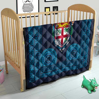 Fiji Coat of Arms Traditional Dashiki Quilt Tapa Art and Palm Leaves Pattern Dark Navy Color - Polynesian Pride