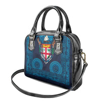 Fiji Coat of Arms Traditional Dashiki Shoulder Handbag Tapa Art and Palm Leaves Pattern Dark Navy Color - Polynesian Pride
