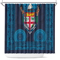 Fiji Coat of Arms Traditional Dashiki Shower Curtain Tapa Art and Palm Leaves Pattern Dark Navy Color - Polynesian Pride