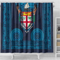 Fiji Coat of Arms Traditional Dashiki Shower Curtain Tapa Art and Palm Leaves Pattern Dark Navy Color - Polynesian Pride