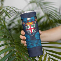 Fiji Coat of Arms Traditional Dashiki Skinny Tumbler Tapa Art and Palm Leaves Pattern Dark Navy Color LT03 - Polynesian Pride