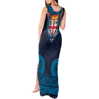 Fiji Coat of Arms Traditional Dashiki Tank Maxi Dress Tapa Art and Palm Leaves Pattern Dark Navy Color - Polynesian Pride