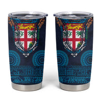 Fiji Coat of Arms Traditional Dashiki Tumbler Cup Tapa Art and Palm Leaves Pattern Dark Navy Color - Polynesian Pride
