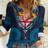 Fiji Coat of Arms Traditional Dashiki Women Casual Shirt Tapa Art and Palm Leaves Pattern Dark Navy Color LT03 Female Navy - Polynesian Pride