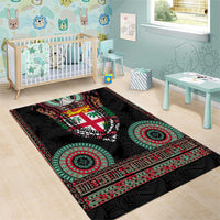 Fiji Coat of Arms Traditional Dashiki Area Rug Tapa Art and Palm Leaves Pattern Black Color - Polynesian Pride
