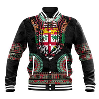 Fiji Coat of Arms Traditional Dashiki Baseball Jacket Tapa Art and Palm Leaves Pattern Black Color - Polynesian Pride