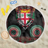 Fiji Coat of Arms Traditional Dashiki Beach Blanket Tapa Art and Palm Leaves Pattern Black Color - Polynesian Pride