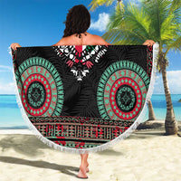 Fiji Coat of Arms Traditional Dashiki Beach Blanket Tapa Art and Palm Leaves Pattern Black Color - Polynesian Pride